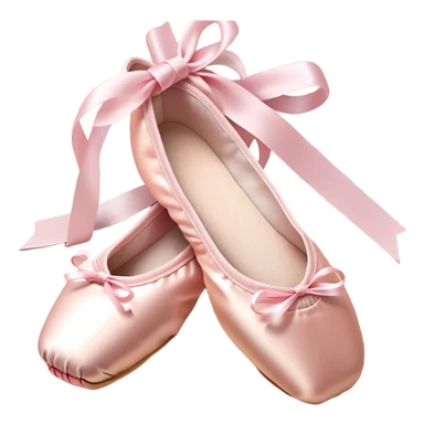 Cinematic Realistic Ballet Shoes, soft satin pink pointe shoes with delicate ribbons, resting gently on a polished wooden floor, subtle creases in the fabric, glowing under the warm golden light of a rehearsal studio, evoking elegance and grace. sticker