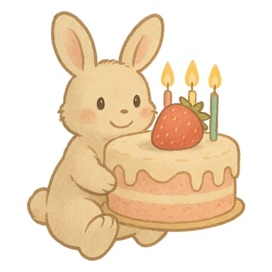 cute bunny holding a big strawberry birthday cake with candles, soft pastel colors sticker