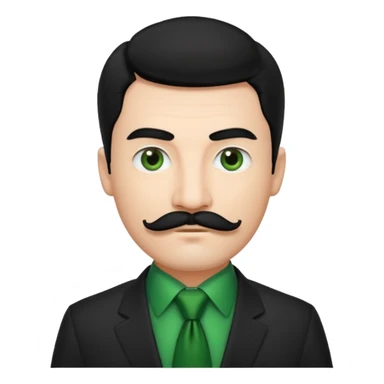 ["Fair-skinned man with black hair and a moustache, wearing a dark suit and green tie."] sticker