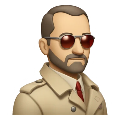 1930s investigator, a Caucasian man with short, buzz cut dark hair and a rough beard, wears tiny red-tinted sunglasses and a dirty beige trench lab coat. He has a serious demeanor. sticker
