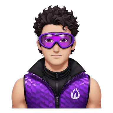 close-up of male athlete with white skin and moderately curly dark brown hair on top with shaved sides, wearing ski goggles with purple frames and very dark black lenses, a simple plain black chain necklace, and a completely unzipped sleeveless vest with purple and black sequin fire pattern design with no logo, with an arrogant smug smirk on his face, looking confident and cocky sticker