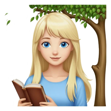 Woman on top of a tree, blue eyes, long blond hair, bangs in front, happy with a book. sticker