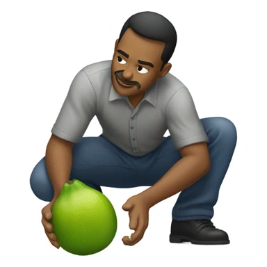 The same man bending down to pick up fallen limes on the floor . sticker