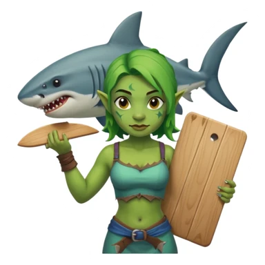 orc female holds a board with a shark painted vertically in his hands sticker