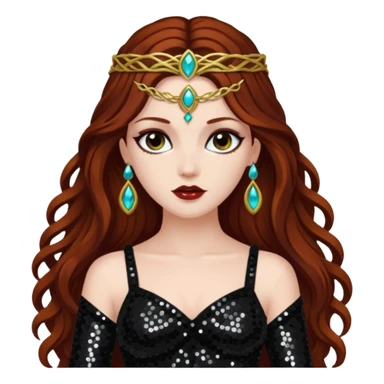 Persephone, Goddess of Death from Gods and Goddesses with long dark auburn hair, black sequin outfit sticker