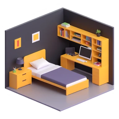 3D layout of teen bedroom with bed against wall, corner desk, and storage units sticker