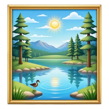 Cinematic Realistic Lake Emoji, Calm and reflective, with clear blue waters mirroring the surrounding landscape, framed by tall trees and grassy shores. The sunlight sparkles on the water’s surface while birds and animals play at the edge. Soft glowing outline, capturing the essence of peaceful serenity in a tranquil lake. sticker