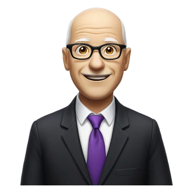 white, bald old man wearing a black suit with a purple tie and glasses, with no mustache, smiling with teeth, standing back sticker