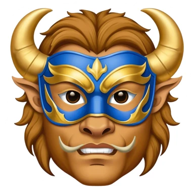 a man, with a Blue vest,  wear half-face golden Buffalo masquerade mask sticker