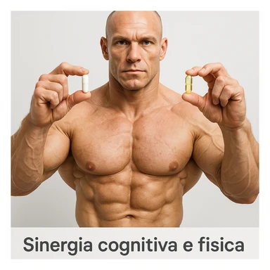 hyper realistic bodybuilder holding capsules of citicoline and acetylcarnitine, well visible muscles, white background, text 'Sinergia cognitiva e fisica', clinical atmosphere sticker