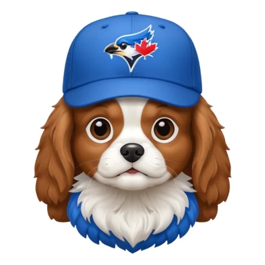 King Charles Cavalier dog wearing a blue jays baseball hat sticker