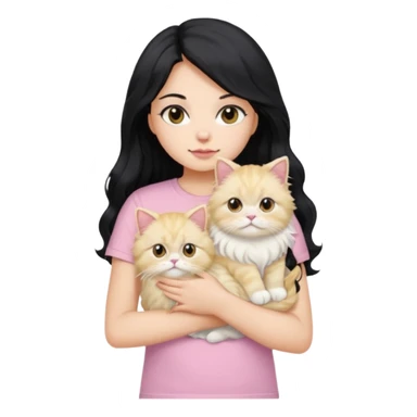 a girl with long wavy black hair using a baby pink t-shirt holding a blonde persian cat sticker