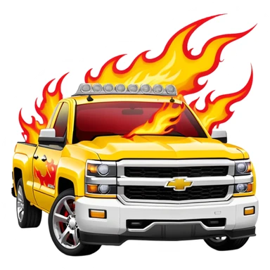 Bright yellow Chevrolet Silverado with bold airbrushed red flame artwork covering entire hood and extending to fenders, authentic Kill Bill custom paint job, 30-degree angle, iOS emoji style sticker