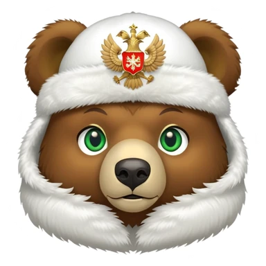 Cute brown bear head with green eyes, wearing white fluffy ushanka with precise Russian coat of arms showing golden double-headed eagle with all official details, iOS emoji style sticker
