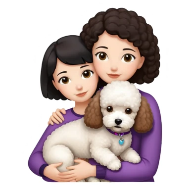 Woman with short black straight hair hugging a brown poodle and a white bichon frise sticker