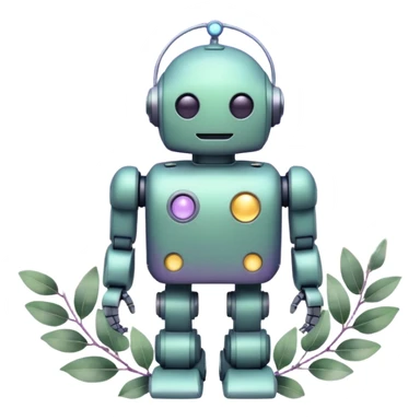 watercolor-style emoji of robot silhouette with “AI” inside a lilac cloud, connected to a soft circuit shape. gentle pastel palette (sage green, blush, lilac), surrounded by leaves, moon, and stars — poetic and calm aesthetic. sticker