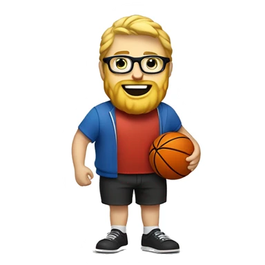 a blond guy with a beard, glasses, and a goofy grin, who has a thick face but isn't fat, holding a basketball in one hand and a volleyball in the other with a whistle around their neck. Should be wearing shorts and a t-shirt and red crocs. sticker