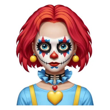 wendy thomas  the clown from gta rp nopixel she has a blue sun on covering right eye with three yellow lines below her right eye and above her left eye. she has long bright red hair and light blue eyes with ablack heart choker and black bunny ears. with a skeleton shirt sticker