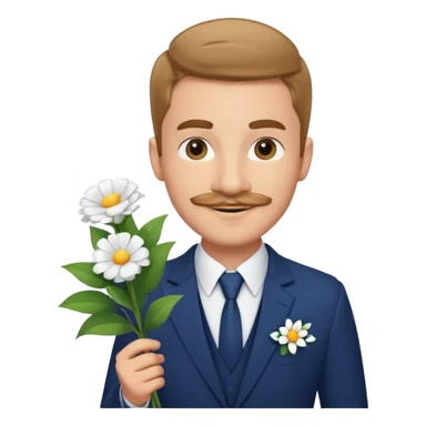 Homme 23 ans léger bouc moustache pas trop épaisse en costume bleu foncé chemise blanche insigne cabin crew portant bouquet fleur blanche souriant  sticker