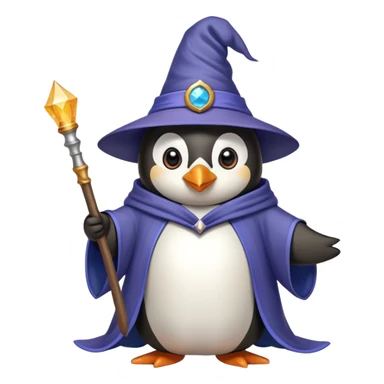 Penguin wearing wizard hat and robe holding a magic wand sticker
