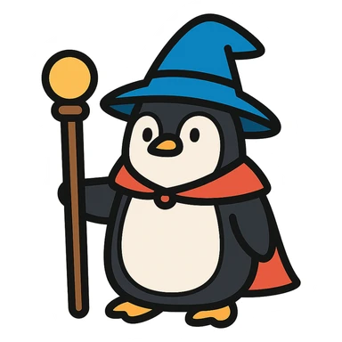 color outline icon of a penguin wizard holding a staff sticker