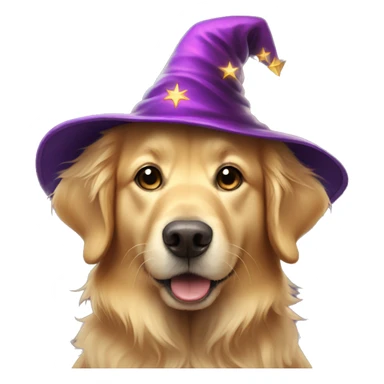 Golden retriever wearing a wizard hat sticker