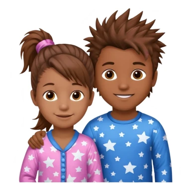 4 year old brown spikey haired boy with blue pajamas with stars on them and a 1 year old brown haired pony tail girl with pink pajamas, and stars on them with light skin. Top left on, can you make them smile more?  sticker