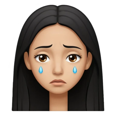 Sad crying woman with long straight black hair, brown skin tone, teardrops on face, worried eyebrows, neutral mouth sticker