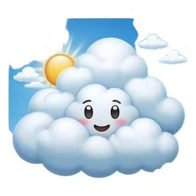 Cinematic Realistic Cumulus Emoji, Big and puffy, with cotton-like clouds floating in the clear blue sky. The rounded tops of the clouds glow with the light of the sun, while their soft, white texture adds a sense of calm and spaciousness. Soft glowing outline, capturing the essence of warmth, comfort, and peaceful skies in a perfect cumulus cloud! sticker