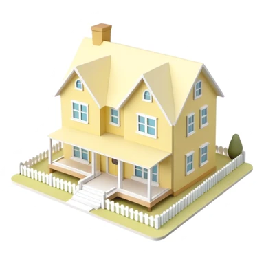 modern farmhouse dollhouse, 3d isometric, pastel yellow and white, realistic sticker