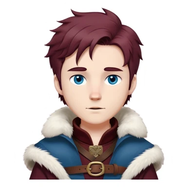 Medieval winter outfit worn by a DnD themed fantasy male character. Thick burgundy wool tunic with arctic fox fur lining, adorned with bronze clasps and a sturdy woven leather belt. Clothes only above the waist, full waist coverage. The character has no arms. Character is white-skinned with mahogany hair, stormy blue eyes, and short layered hair windswept with winter chill sticker