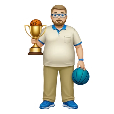 full body white obese male basketball coach with trophy. Goatee , Wearing glasses and blue and green polio with khaki pants sticker