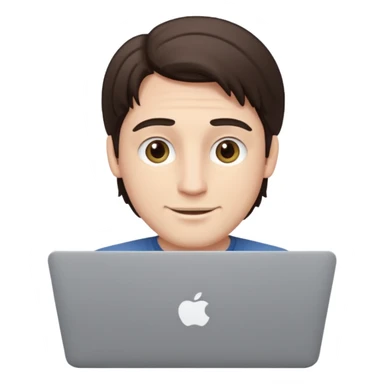 A white brunette man in his mid 20s, middle part average dude with slightly droopy eyes, happy, using a MacBook (no logo), hero for an iOS developers website sticker