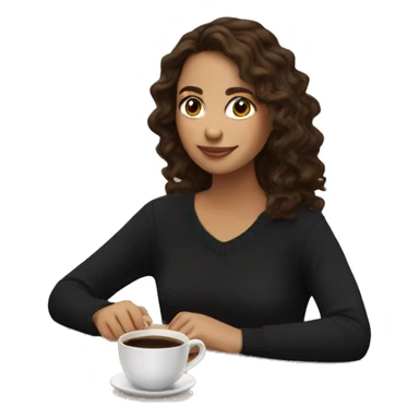 Brunette girl with wavy hair wearing black sweater with opened shoulders sitting with cup of coffee sticker