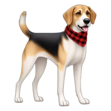 adult 75% Coonhound 25% German Shepherd mix dog with visible tail wearing small pointed red buffalo plaid bandana full body walking left quickly sticker