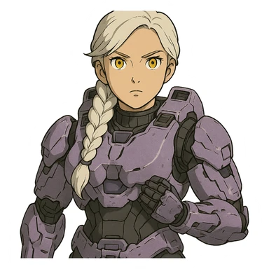 female, wearing reach spartan armor default, long white braid hair, gold yellow eyes, attention pose, halo series, no helmet, the armor is lavender color scheme and has no shoulder pad attachments. DDD bust size fitting. Punk gothic cyberpunk sticker