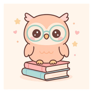 wise owl wearing glasses sitting on a stack of books in kawaii cute style sticker