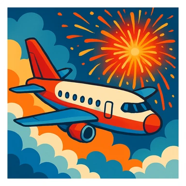 A jet airplane in the clouds with fireworks bursting nearby, creating a dramatic explosion of colors in the sky sticker