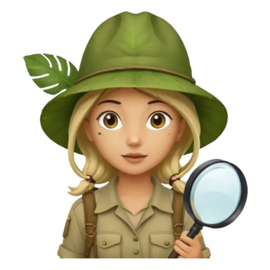 a young female explorer with jungle wearing a large leaf headgear bye and magnificer glass sticker