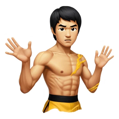 Cinematic Realistic Bruce Lee Portrait Emoji, depicted as a dynamic martial arts icon with an intense gaze and athletic physique caught in a fluid motion, rendered with vivid textures and energetic lighting that embodies his legendary prowess. sticker