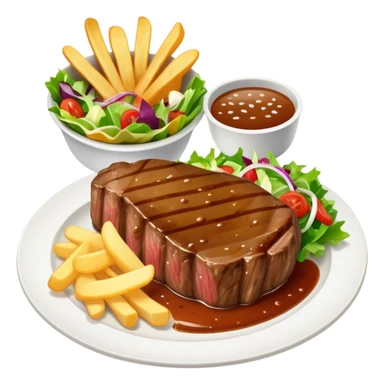 big juicy australian steak meal featuring chips, small salad in a ramiken and gravy  sticker