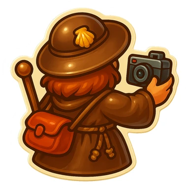 Create a small, funny medieval pilgrim taking a photo, seen from behind, in retro stickers style with a transparent background. Keep the character humorous and medieval-themed, matching the style of the reference image. sticker