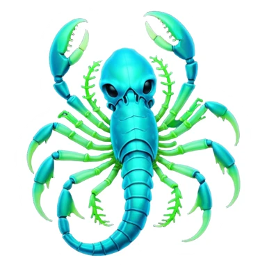 3D render of Radioactive Scorpion, bioluminescent deep sea style, glowing neon blue and green lights, dark background to contrast the glow, translucent organic textures. sticker