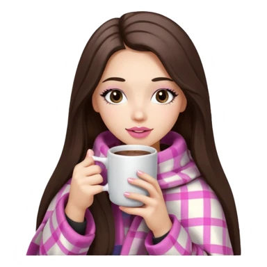 Pink lip, eyelashes, Black eyed brunette girl with long hair and light skin shoulders wrapped up in a pink plaid blanket drinking hot chocolate sticker