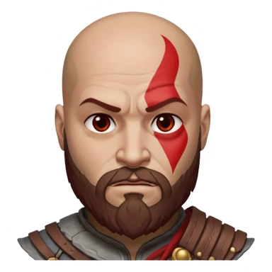 Kratos from God of War as an Android-style emoji, featuring his bald head, red tattoo, beard, and stern expression, simplified and iconic, with a flat, minimal look and Android emoji color palette sticker