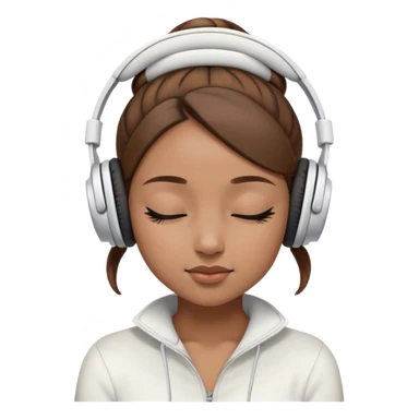 Light brown skin girl, brown hair in bun, eyes closed, white headphones on listing to music sticker