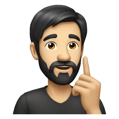 a bearded man with shaved black hair, who shushes with his finger to his mouth sticker