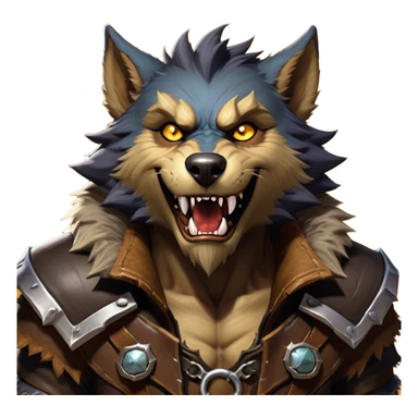 Cinematic Realistic WoW Worgen Portrait, head tilted dramatically with an exaggeratedly amused expression, blending ferocious beastliness with a touch of unexpected humor. His rugged fur, tanned skin, and worn leather garments are rendered with meticulous detail and dynamic lighting, high shine, dramatic yet whimsical, capturing the essence of a worgen whose epic might is tempered by a playful, irreverent charm. sticker