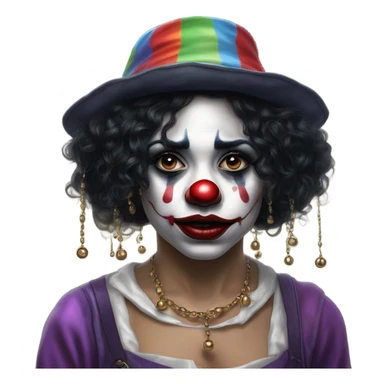 Hyper realism realistic Sad clown girl with clown face paint wearing cap n bells cockcomb jester hat with bells and with long straight black hair exaggerated expression on her face  sticker