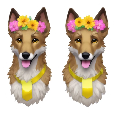  brindle fluffy lurcher Alsatian fox running blue eyes fluffy ears and iridescent holographic oilslick harness wearing paper flower crown yellow caution tape neon sign sticker